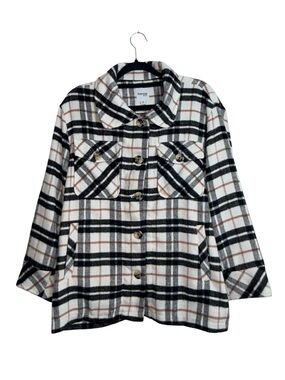 Kensie Plaid Plush Jacket White Black Pink Button Down Oversized Medium Women’s